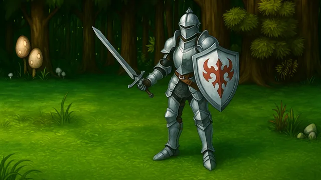 A painted stage: an armoured knight with sword and shield in a sunlit forest clearing