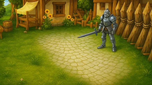 A painted stage: an armoured knight on the cobbled yard of a village cottage, sunflowers by the wall